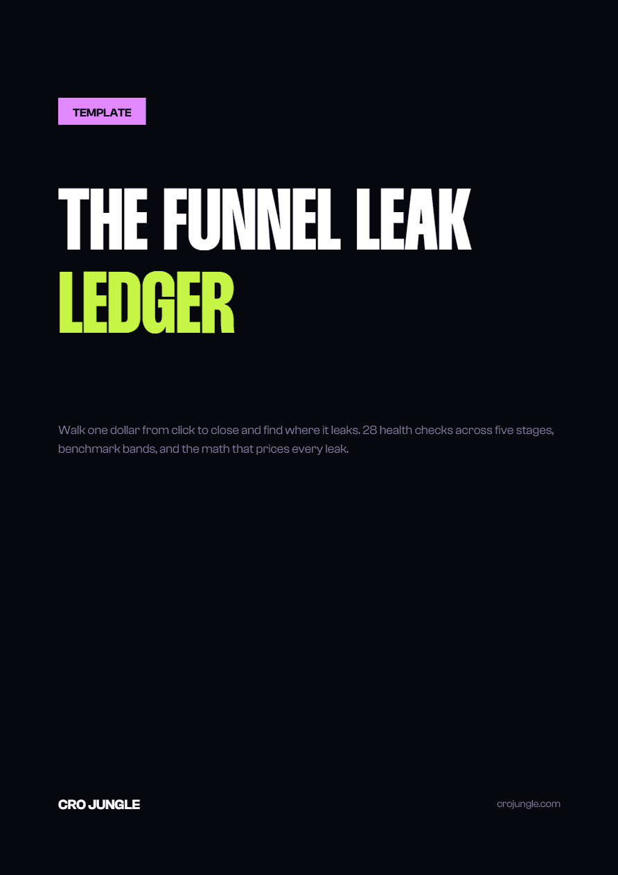 The Funnel Leak Ledger cover: dark jungle-styled PDF with lime accents